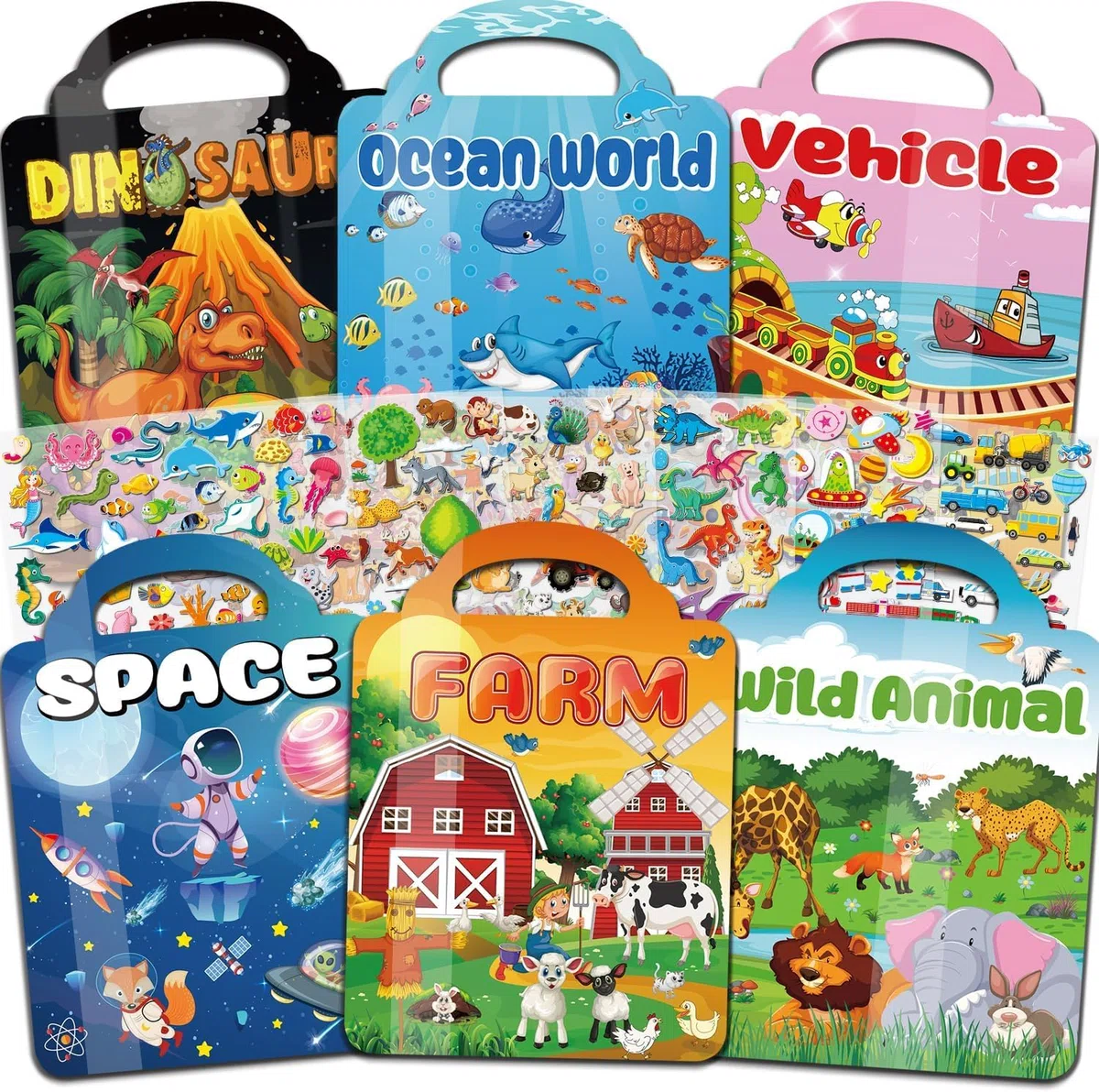 Kalysky Paquete de 6 libros de calcomanías para niños de 2 a 4, 300+ pegatinas reutilizables 3D, libro de actividad para niños, regalo de cumpleaños