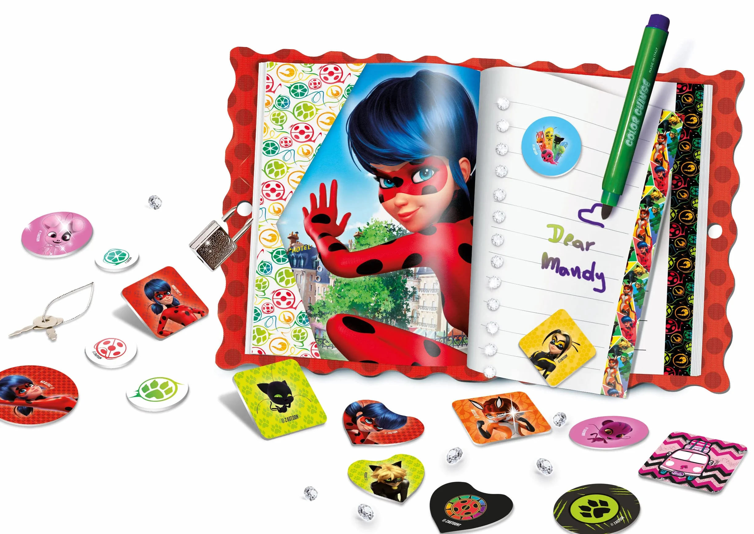 Lisciani - MIRACULOUS Ladybug - Mi Diario Secreto - Diario Personalizable con Candado - Manualidades a partir de 4 años - Incluye Rotuladores, Pegatinas y Accesorios - Fabricado en Italia
