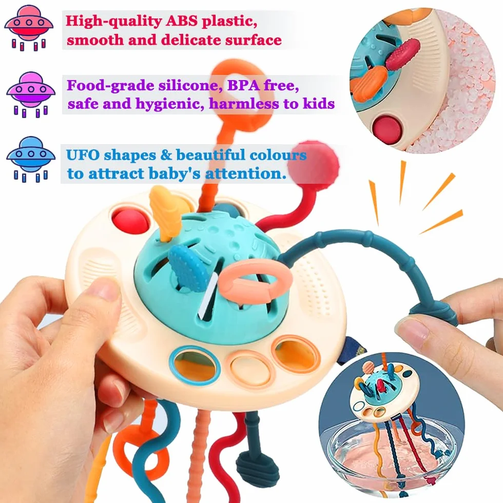 Montessori Juguetes para Bebés, Juguetes para Bebés de Habilidades Motoras Juguetes de Actividad Multisensorial para Bebés, Cuerda de Silicona para Tirar, Juguetes Regalo para Niños