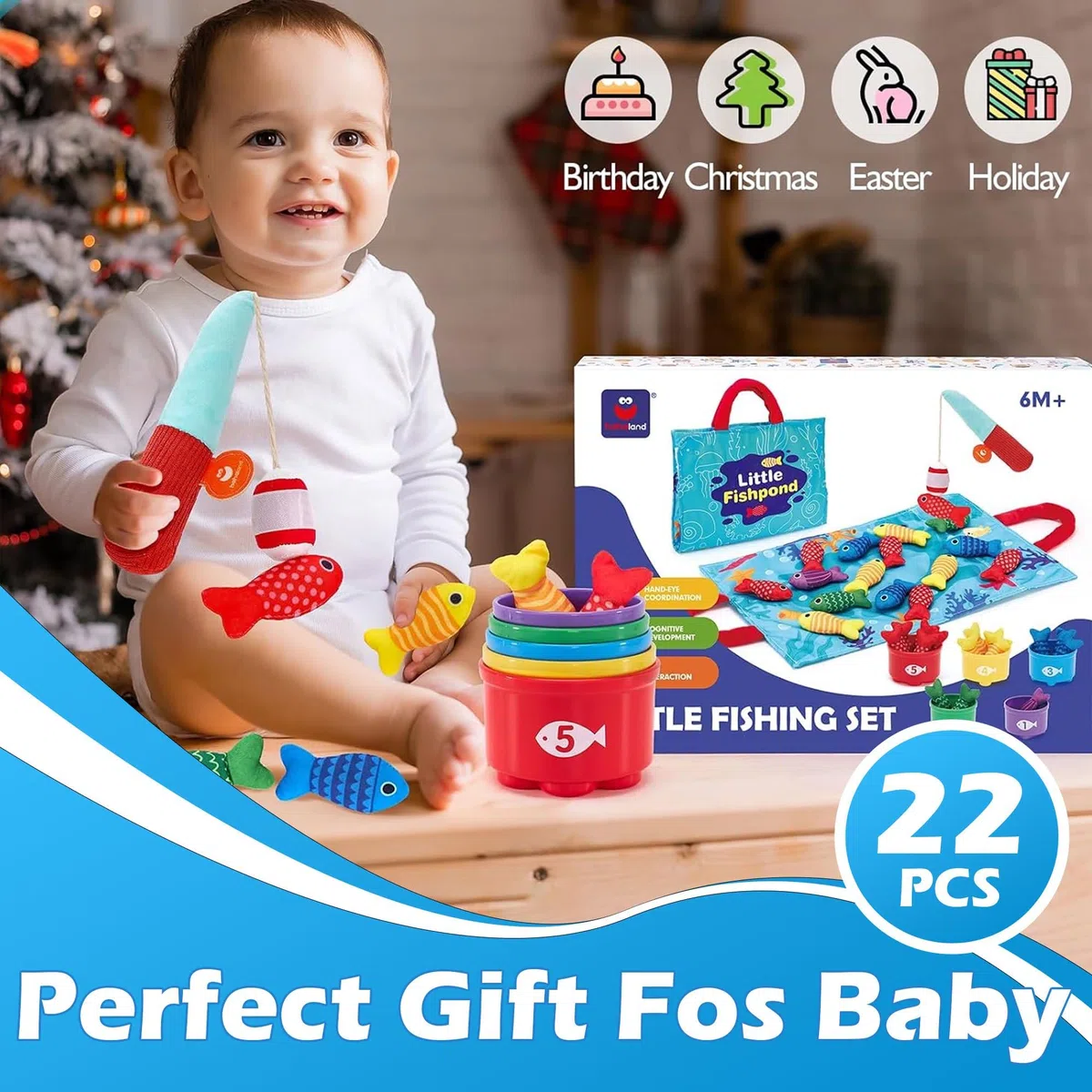 Juguetes Niños 1 Año Montessori, Juego Pesca con 15 Peces Tela, Cubos Apilables, Bolsa, Educativos Juguetes Bebes 12-18 Meses, Regalo Bebe 1 2 Año
