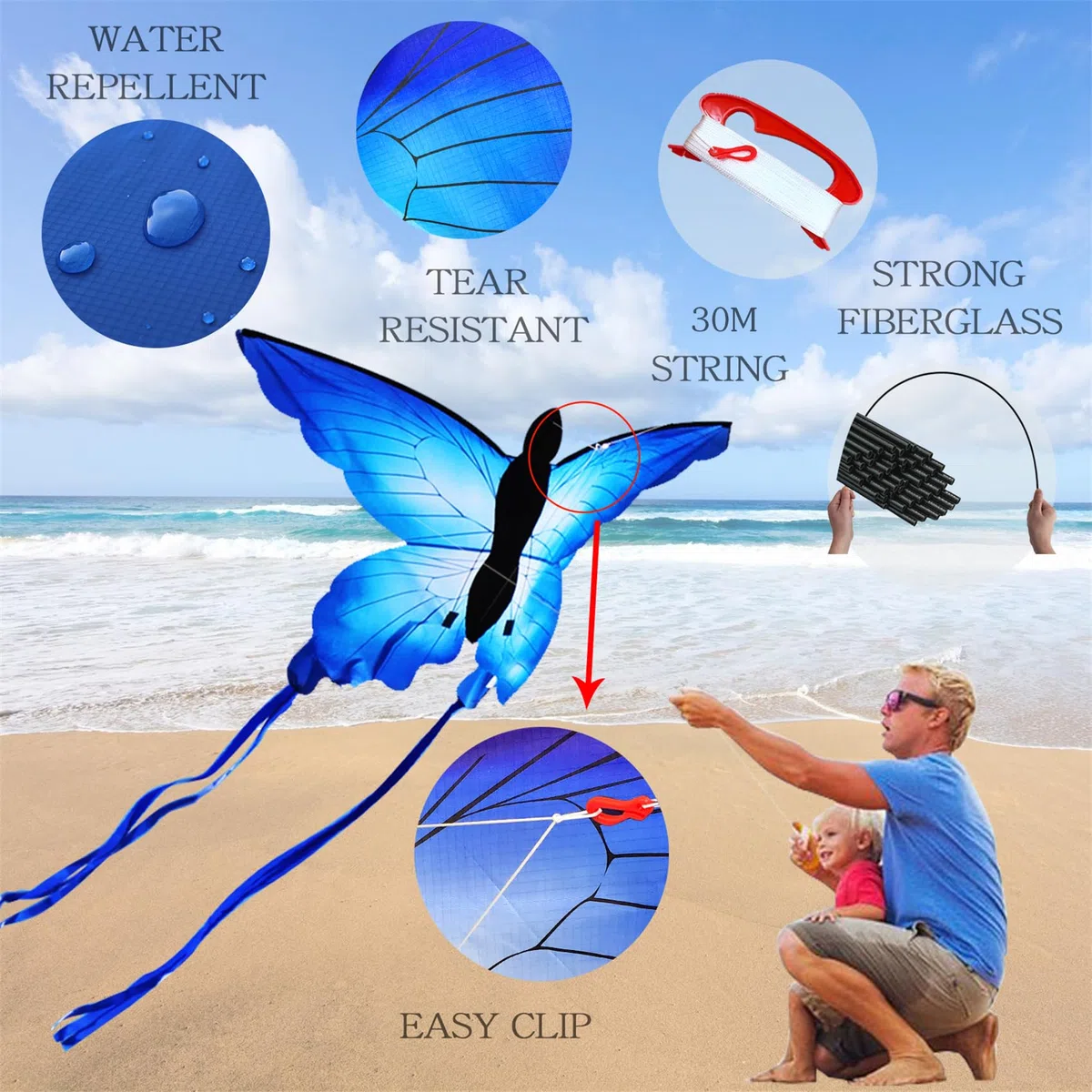 Touch the sky Cometa Mariposa Azul para Niños y Adultos, Fácil de Volar, Diseño de Estructura Único, Excelentes Juegos al Aire Libre y Juguetes de Actividades, Adecuado para Principiantes.