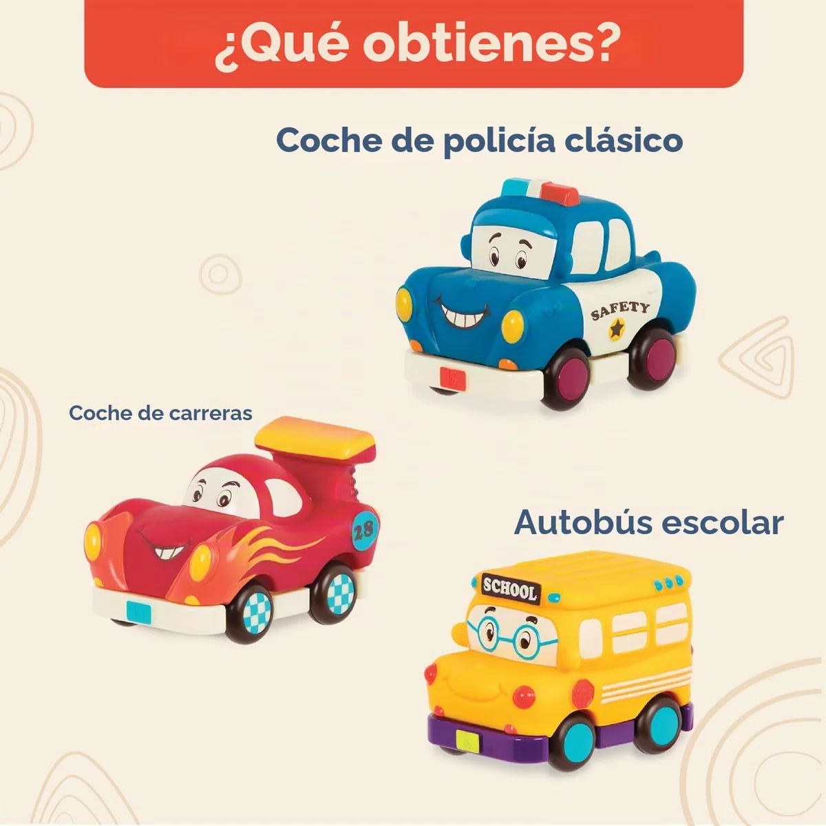 B. toys – Vehículos de Impulso – 3 vehículos de Juguete – Bus, Carreras, Policía – Vehículos de Juguete para niños – 1 año + – Mini Wheeee-LS! - Bus, Auto de Carreras, Auto Policía