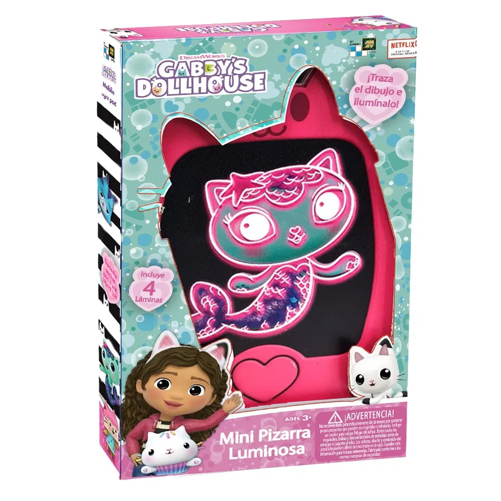 Cefa Toys Mini Pizarra Luminosa La Casa de Muñecas de Gabby, 3 rotuladores, 4 Plantillas, Cinta para Colgar. Apto para niños a Partir de 3 años.