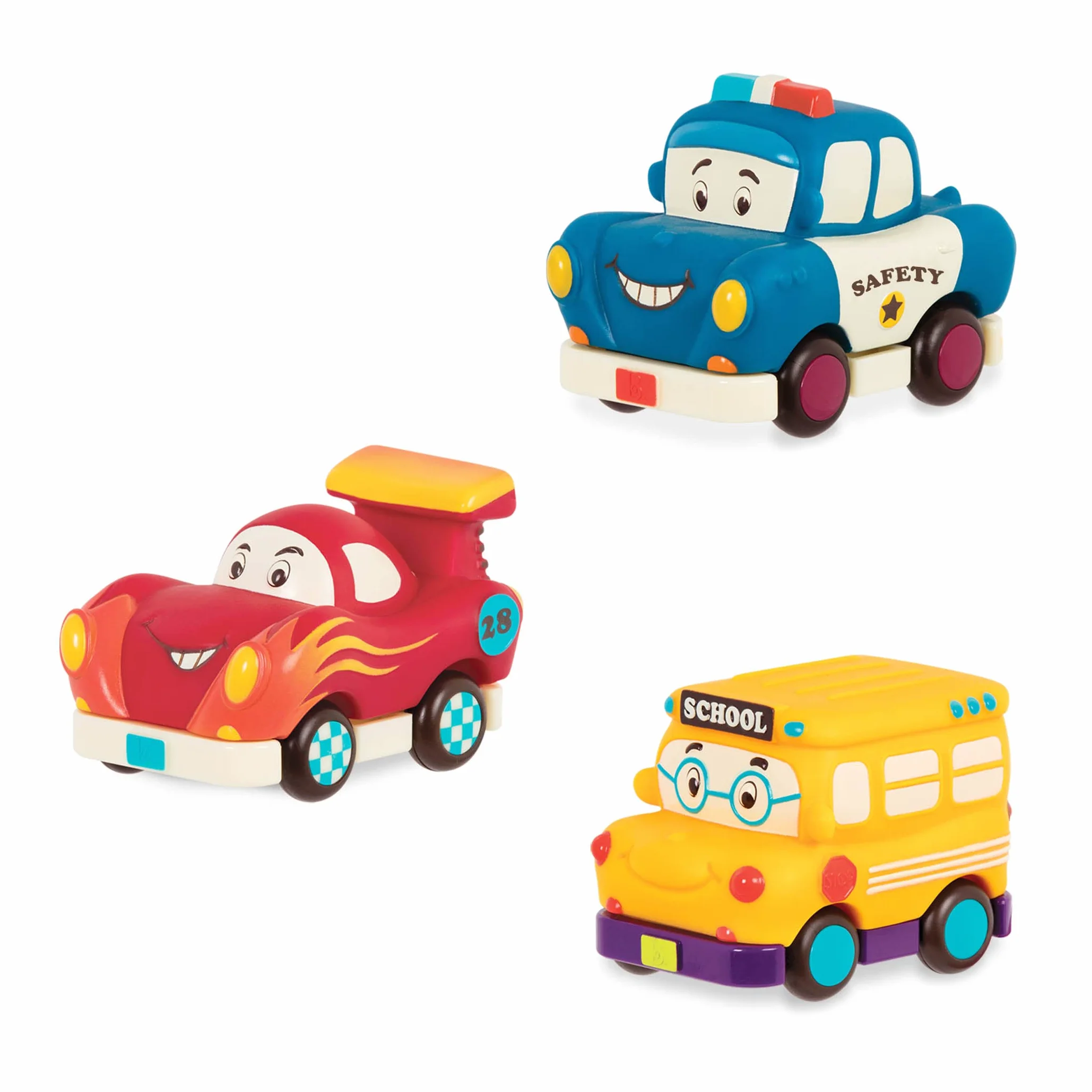 B. toys – Vehículos de Impulso – 3 vehículos de Juguete – Bus, Carreras, Policía – Vehículos de Juguete para niños – 1 año + – Mini Wheeee-LS! - Bus, Auto de Carreras, Auto Policía