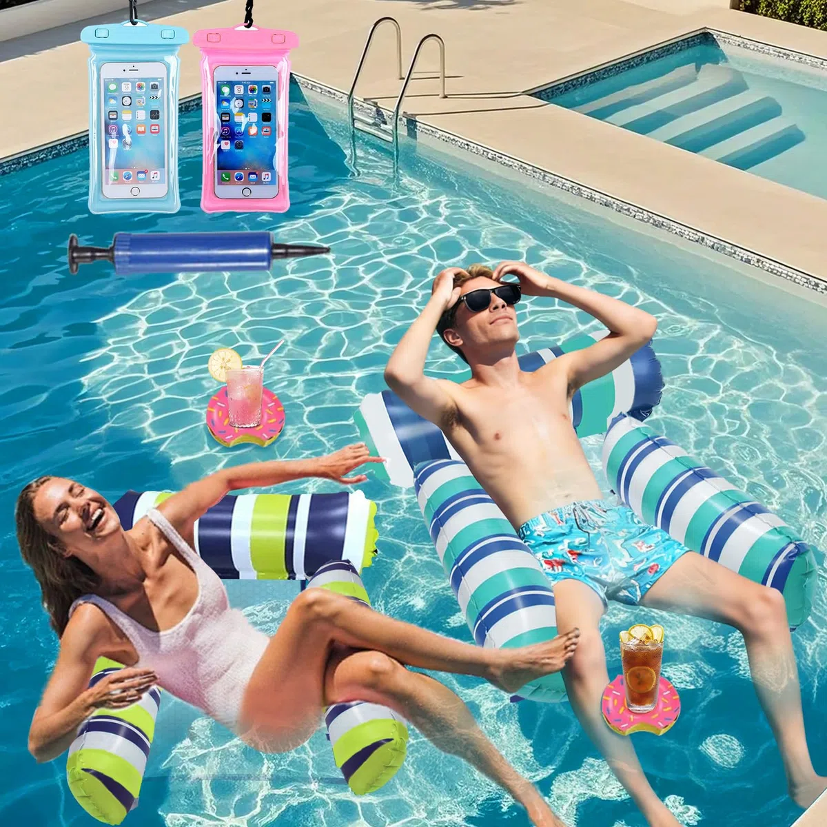 Hamaca de Agua Flotante,Colchoneta Piscina Adultos,Piscina Flotadores,4 -En- 1 Tumbona Hinchable,Piscina Hamaca |1 Incluye Bomba-2 Impermeables para Teléfono-2anillo de natación